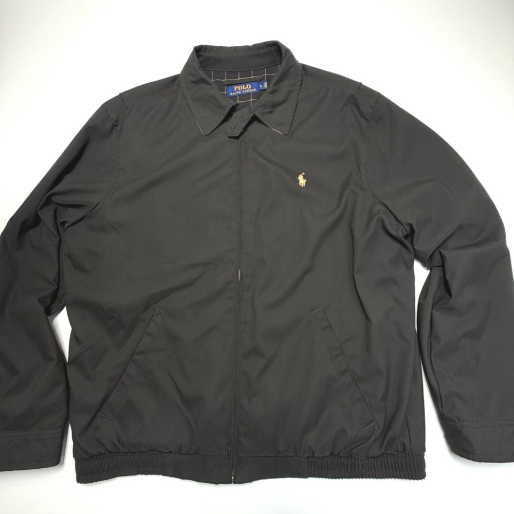 Polo Ralph Lauren Mens L Black Harrington Jacket Full Zip Plaid Lining Pony Logo